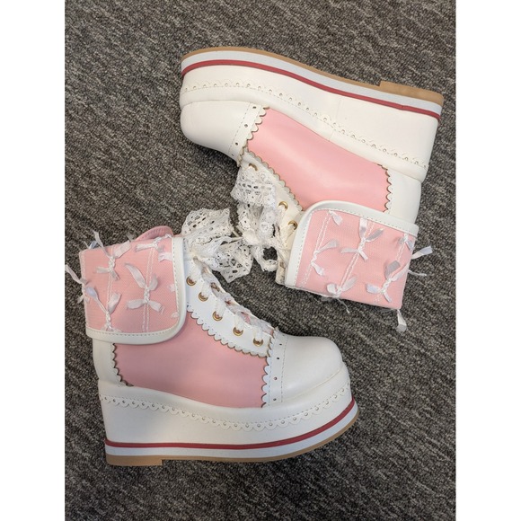 HILIB Girls Lolita Cosplay Pink & White Lace Wedge Shoes‎ Size 12.5 main image 1